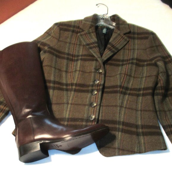 Vintage Lauren, Ralph Lauren: Plaid Wool Blazer Brown Sz 4 - Picture 2 of 5